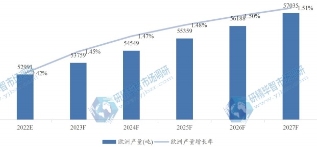 歐洲微晶纖維素MCC產(chǎn)量及增長率 (2020-2027年)