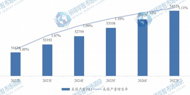 美國微晶纖維素MCC產(chǎn)量及增長率 (2020-2027年)