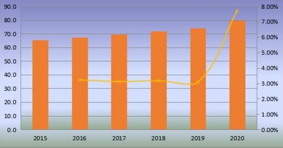 2015-2020年日本無(wú)閥顆粒呼吸器產(chǎn)量(百萬(wàn)臺(tái))和增長(zhǎng)率 2015-2020年日本無(wú)閥顆粒呼吸器產(chǎn)量(百萬(wàn)臺(tái))和增長(zhǎng)率